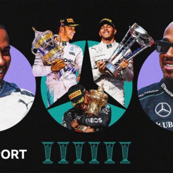 Graphic image showing Lewis Hamilton during his first season with Mercedes on the left and a picture from 2024 on the right in which he is wearing sunglasses. In between are three images of Hamilton holding trophies for race wins with underneath a graphic of six drivers' championship trophies to signify the world titles he has won with Mercedes