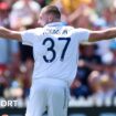 Gus Atkinson celebrates taking a hat-trick against New Zealand