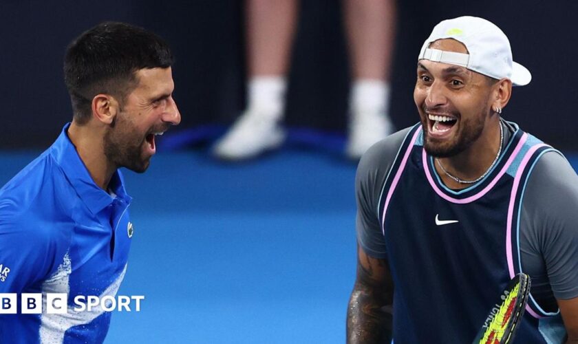 Novak Djokovic and Nick Kyrgios laugh during their Brisbane International doubles match