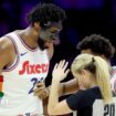 Joel Embiid, of the Philadelphia 76ers, confronts referee Jenna Schroeder in his side's win against the San Antonio Spurs