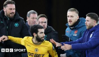 Wolves defender Rayan Ait-Nouri is involved in an altercation after the final whistle of the Premier League defeat by Ipswich at Molineux