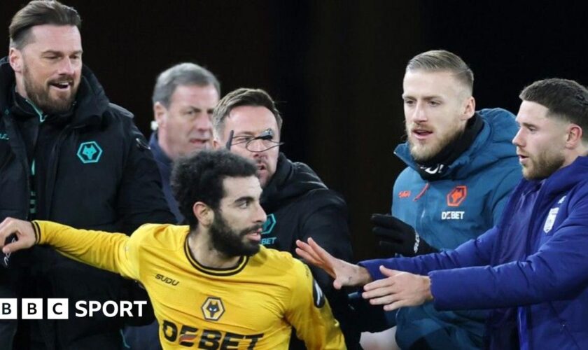 Wolves defender Rayan Ait-Nouri is involved in an altercation after the final whistle of the Premier League defeat by Ipswich at Molineux