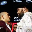 Tyson Fury, with an intense look in his eye, stares at Oleksandr Usuk