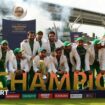 Pakistan celebrate with the trophy after winning the ICC Champions Trophy final.