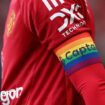 A rainbow captain's armband on the arm of Manchester United's Bruno Fernandes