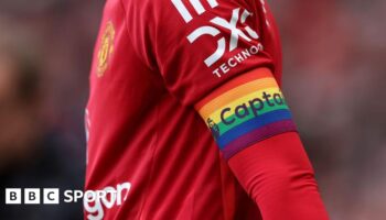 A rainbow captain's armband on the arm of Manchester United's Bruno Fernandes