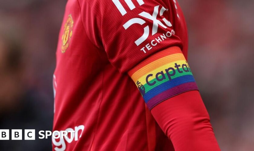 A rainbow captain's armband on the arm of Manchester United's Bruno Fernandes