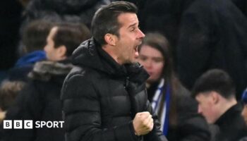 Fulham manager Marco Silva celebrates during the victory at Stamford Bridge