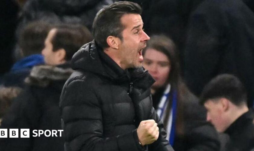 Fulham manager Marco Silva celebrates during the victory at Stamford Bridge