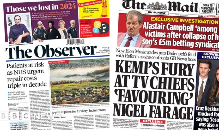 The Papers: NHS 'repair costs triple' and Badenoch 'fury' at Farage's TV time