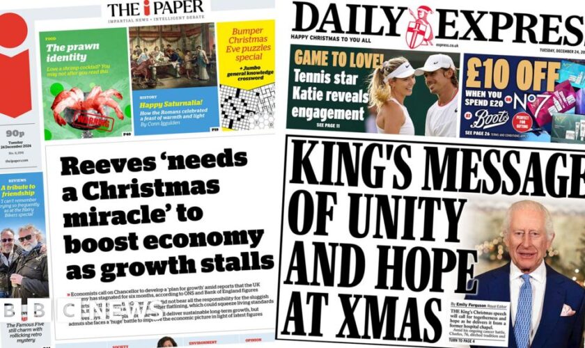 The Papers: Reeves needs 'Christmas miracle' and King's 'message of unity'