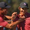 Tiger Woods of the United States reacts with his son Charlie Woods after holing out on the fourth hole during the second round of the PNC Championship at Ritz-Carlton Golf Club in Orlando, Florida