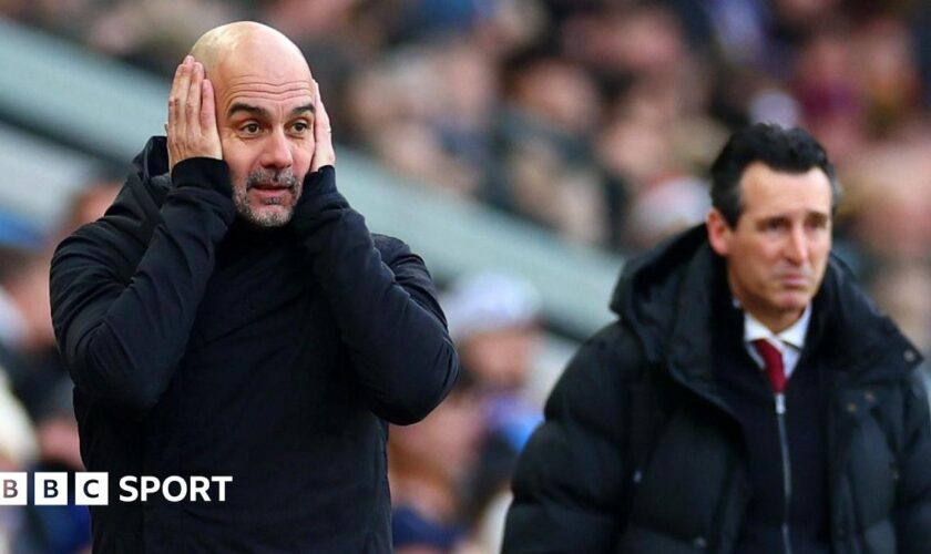 Pep Guardiola holds his hands to his head in despair he as watches his Manchester City side lose at Aston Villa