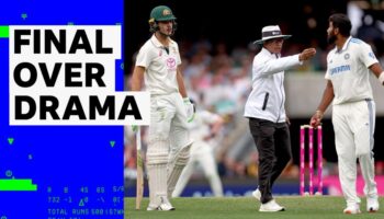 Australia's Sam Konstas & India's Jaspit Bumrah are separated by an umpire