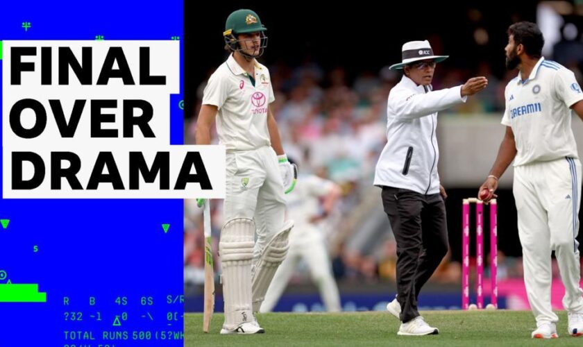 Australia's Sam Konstas & India's Jaspit Bumrah are separated by an umpire