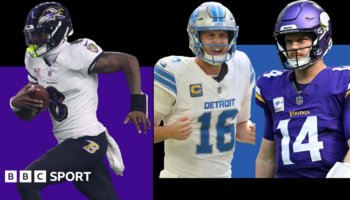 Lamar Jackson running and Jared Goff facing Sam Darnold in NFL final weekend preview graphic