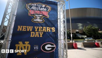 A sign for the Sugar Bowl between Georgia and Notre Dame outside the Louisiana Superdome